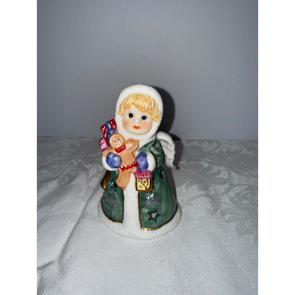 Vintage Ceramic Christmas Angel Tea Light Holder Gingerbread Man Green 5.25"